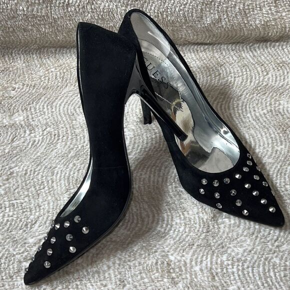 NINE WEST Suede Stiletto Heels with Silver Studs Black "WGMAIRE" Sz 6 - Picture 1 of 7